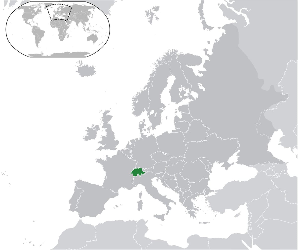 svetovni zemljevid, ki prikazuje švica